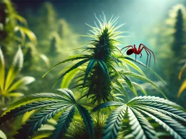 La Araña Roja en Cultivos de Cannabis: Cómo Identificarla, Prevenirla y Combatirla Plantas de canabis con araña roja creada por IA