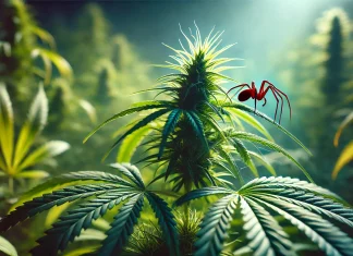 La Araña Roja en Cultivos de Cannabis: Cómo Identificarla, Prevenirla y Combatirla Plantas de canabis con araña roja creada por IA