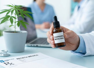 Cannabis medicinal en España 2026: situación legal, cómo acceder y comparativa con Alemania, Países Bajos y Reino Unido Médico con un frasco de cannabis medicinal y una receta médica en España