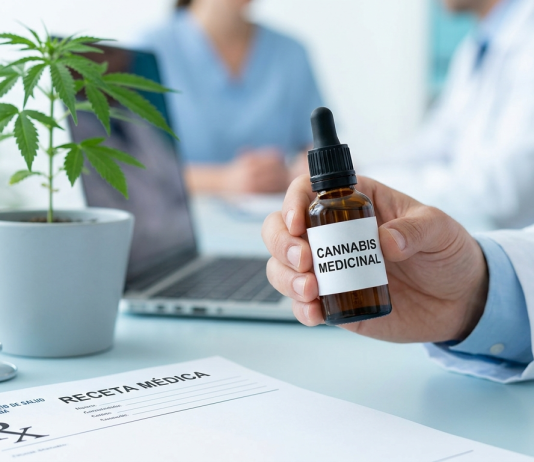 Cannabis medicinal en España 2026: situación legal, cómo acceder y comparativa con Alemania, Países Bajos y Reino Unido Médico con un frasco de cannabis medicinal y una receta médica en España