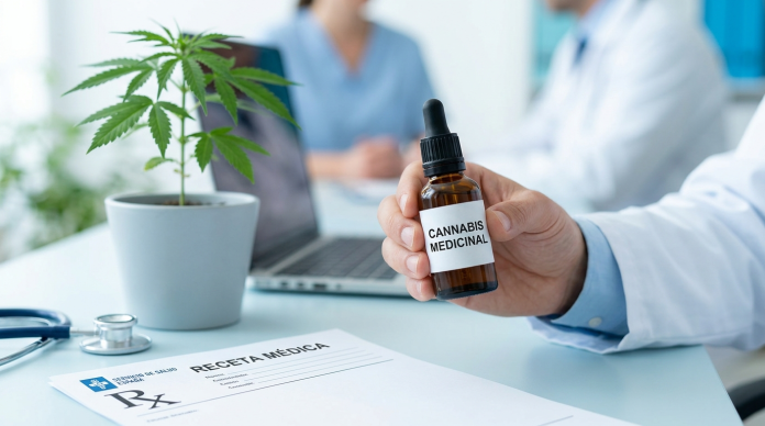 Médico con un frasco de cannabis medicinal y una receta médica en España
