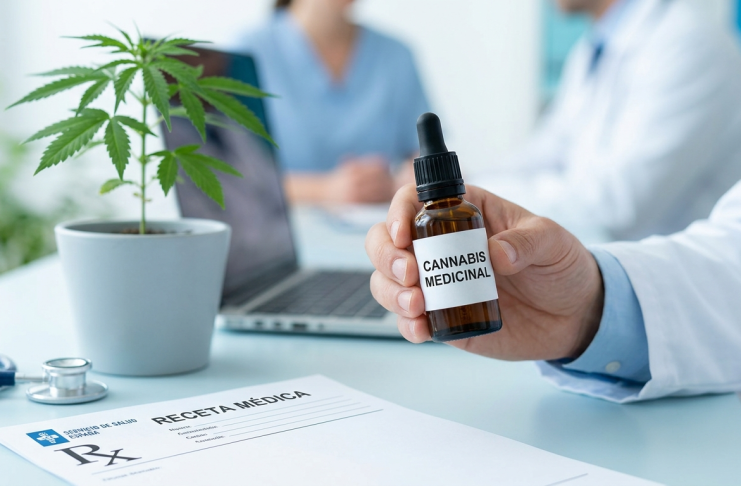 Cannabis medicinal en España 2026: situación legal, cómo acceder y comparativa con Alemania, Países Bajos y Reino Unido Médico con un frasco de cannabis medicinal y una receta médica en España